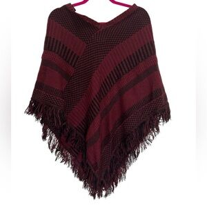 Nina Leonard Black & Red Stripe Fringed Poncho Sz S Boho Festival